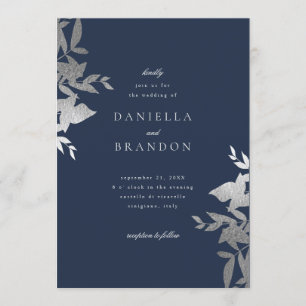 Chic Modern Botanical Faux Silver Navy Wedding Invitation