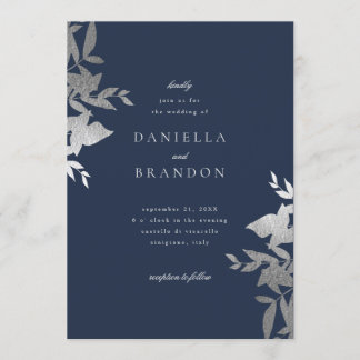Chic Modern Botanical Faux Silver Navy Wedding Invitation