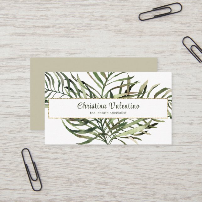 Chic Modern Botanical Greenery Business Card (Front/Back In Situ)