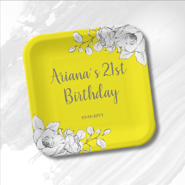 Chic Modern Bright Yellow White Floral Birthday Paper Plate (Creator Uploaded)