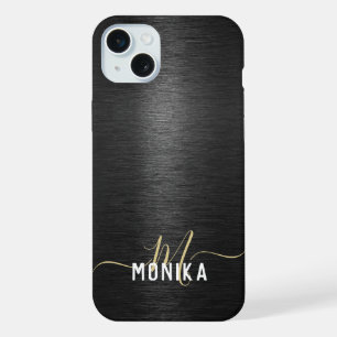 Chic Modern Brushed Metallic Black Gold Monogram iPhone 15 Plus Case