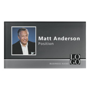 Chic Modern Business Photo Logo Qrcode Black Grey Name Tag