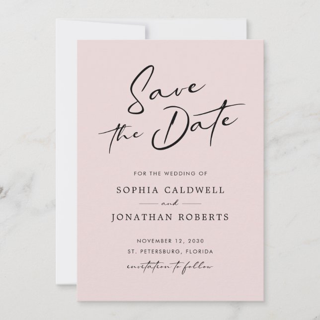 Chic Modern Calligraphy Blush Pink Simple Wedding Save The Date (Front)