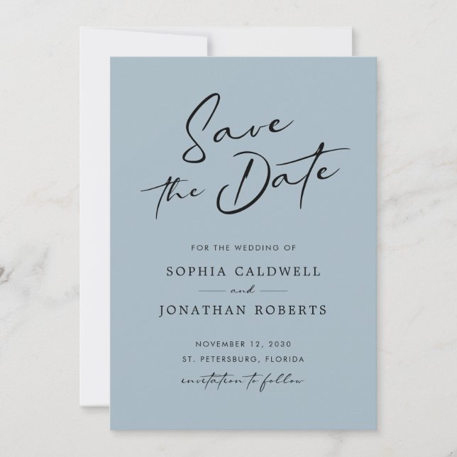 Chic Modern Calligraphy Dusty Blue Simple Wedding Save The Date (Front)