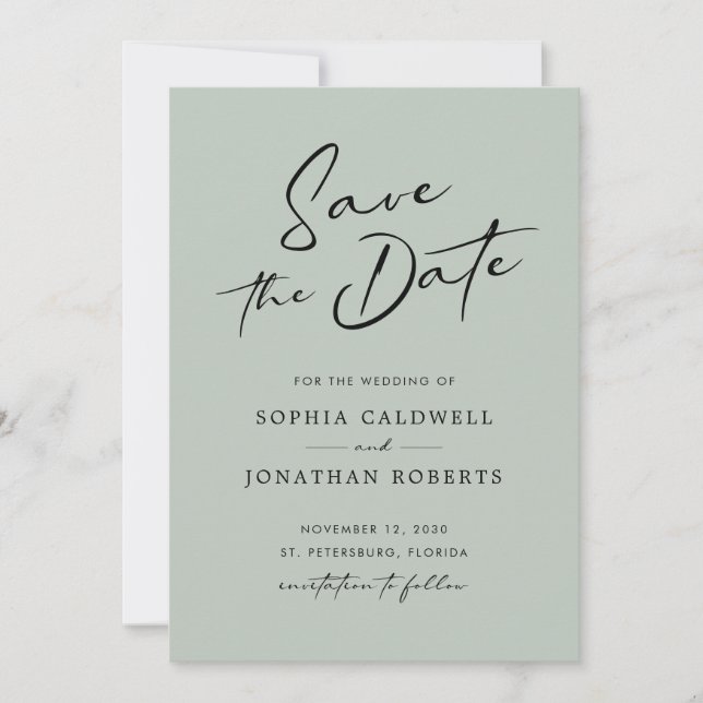 Chic Modern Calligraphy Sage Green Simple Wedding Save The Date (Front)
