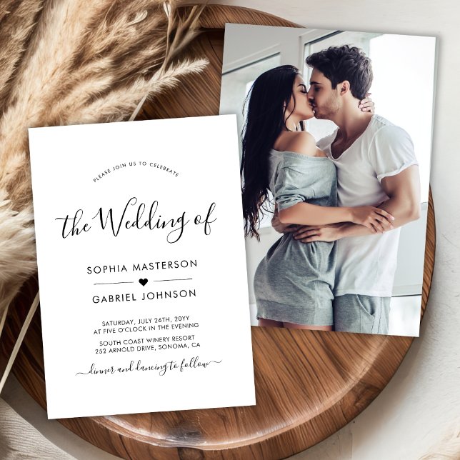 Chic Modern Calligraphy Script Heart Photo Wedding Invitation (Creator Uploaded)