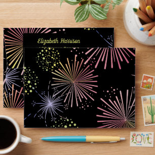 Chic Modern Colorful Fireworks Black Birthday  Envelope