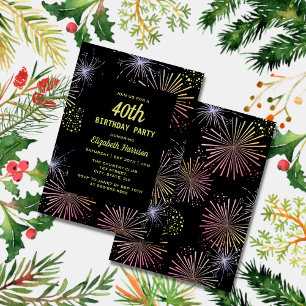 Chic Modern Colourful Fireworks Black Birthday  Invitation