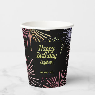 Chic Modern Colourful Fireworks Black Birthday  Paper Cups