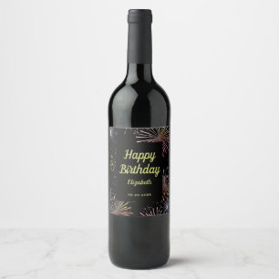 Chic Modern Colourful Fireworks Black Birthday  Wine Label