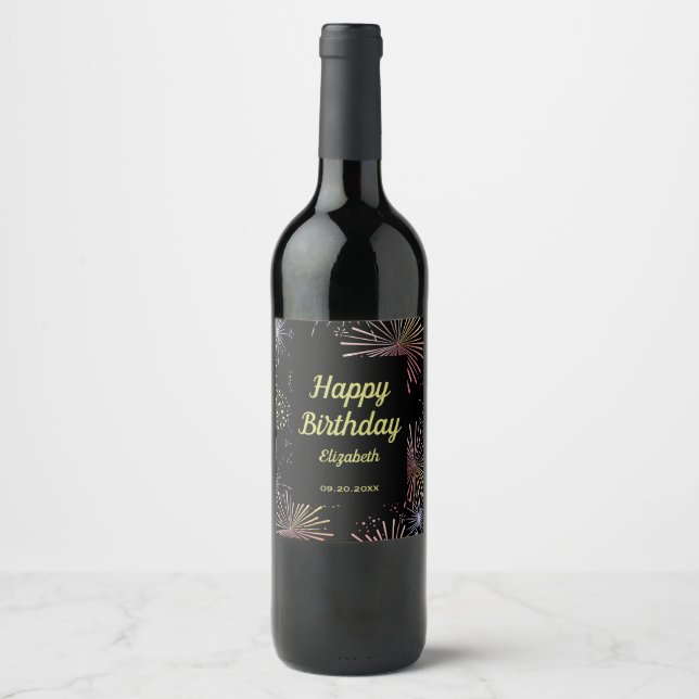 Chic Modern Colourful Fireworks Black Birthday  Wine Label (Front)
