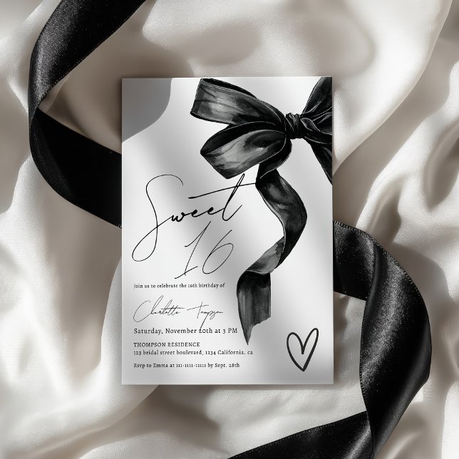 Chic Modern Coquette Black Bow Sweet 16 Birthday Invitation (Chic Modern Coquette Black Bow Sweet 16 Birthday Invitation)