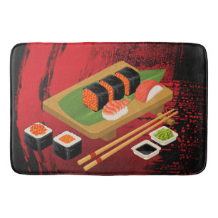 Chic Modern Elegant Black & Red Sushi Bath Mat