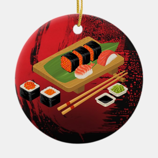 Chic Modern Elegant Black & Red Sushi Ceramic Tree Decoration (Front)
