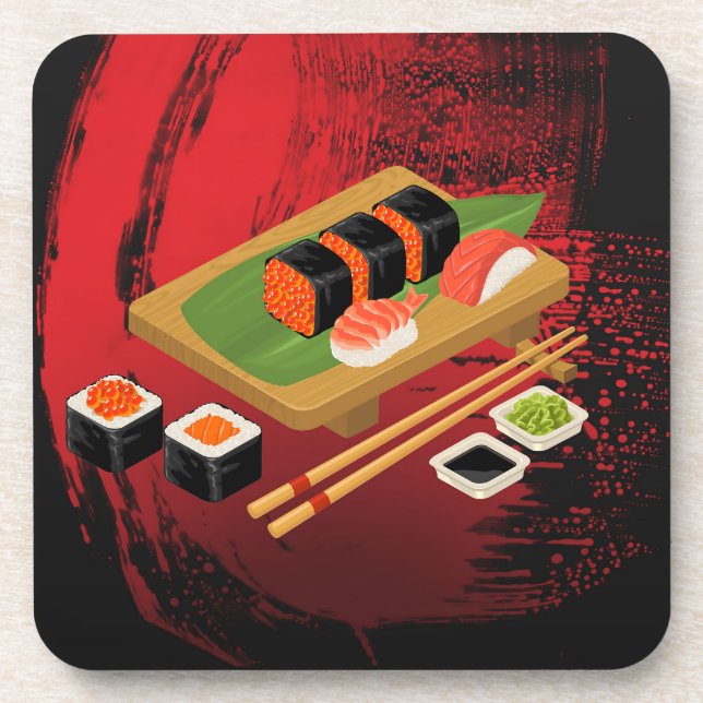 Chic Modern Elegant Black & Red Sushi Cook Coaster (Front)