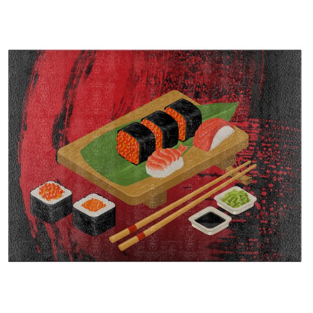 Chic Modern Elegant Black & Red Sushi Cutting Board (Front)