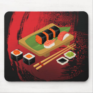 Chic Modern Elegant Black & Red Sushi Mouse Mat