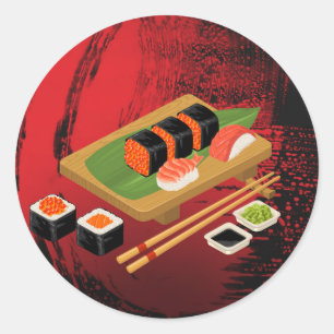 Chic Modern Elegant Black & Red Sushi Party Event Classic Round Sticker