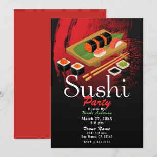 Chic Modern Elegant Black & Red Sushi Party Event Invitation
