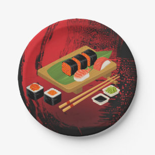 Chic Modern Elegant Black & Red Sushi Party Event Paper Plate