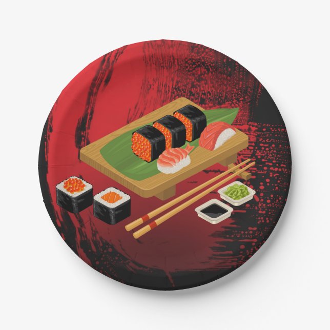 Chic Modern Elegant Black & Red Sushi Party Event Paper Plate (Front)
