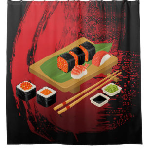Chic Modern Elegant Black & Red Sushi Shower Curtain