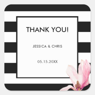 Chic Modern Elegant Black & White Stripe Magnolia Square Sticker