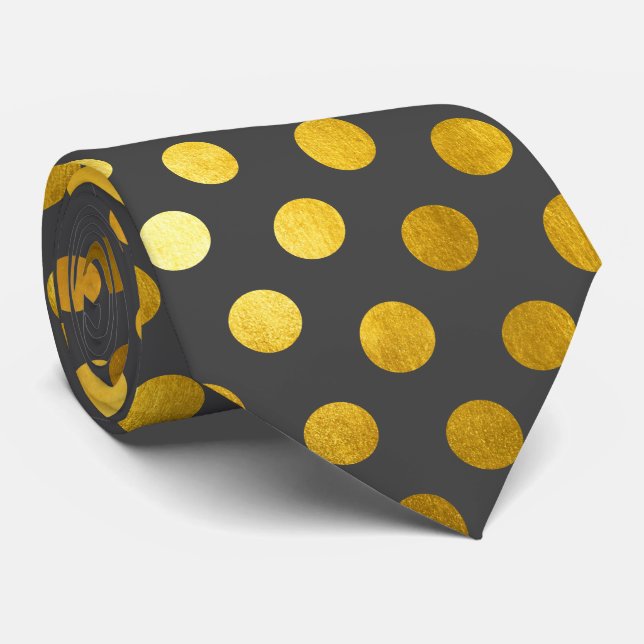 Chic Modern Elegant Charcoal Grey Gold Polka Dots Tie (Rolled)