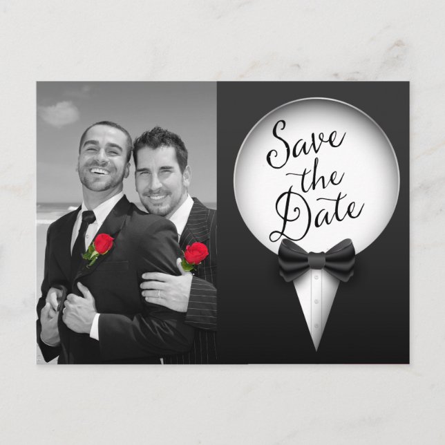 Chic Modern Elegant Gay Tuxedo Photo Save the Date Announcement Postcard (Front)