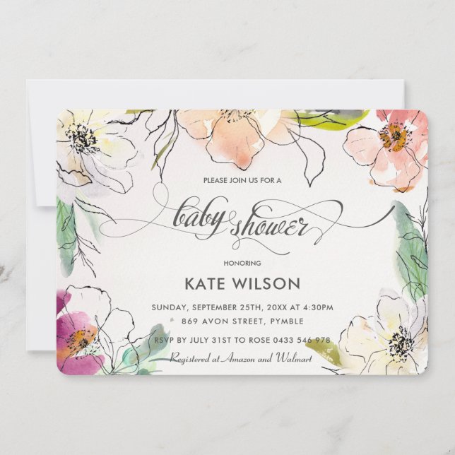 Chic Modern Elegant Watercolor Floral Baby Shower Invitation (Front)