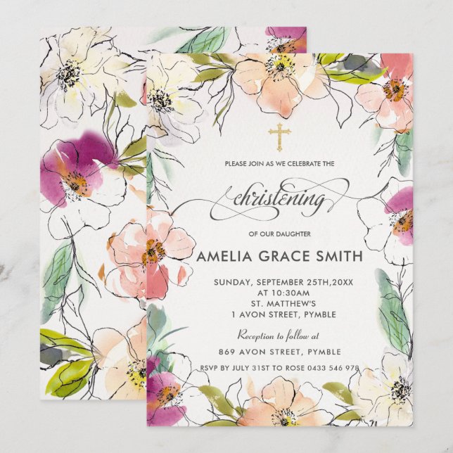 Chic Modern Elegant Watercolor Floral Christening Invitation (Front/Back)
