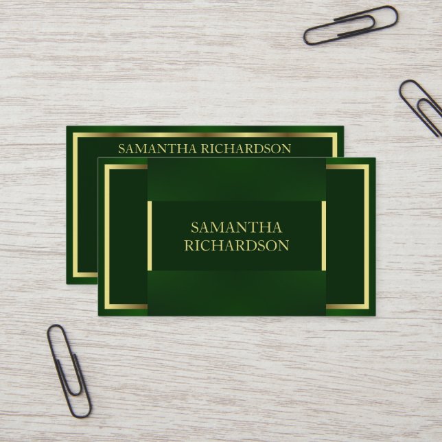 Chic Modern Emerald Green And Gold Professional Business Card (Front/Back In Situ)