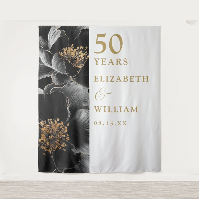 Chic Modern Floral 50th Anniversary Photo Backdrop Tapestry (Front)