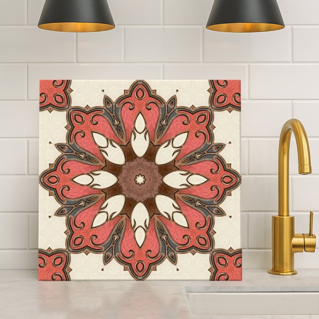Chic Modern Floral Geometric Design Tile (Metallic design tile featuring a geometric floral pattern inspired by Italian Mediterranean art)
