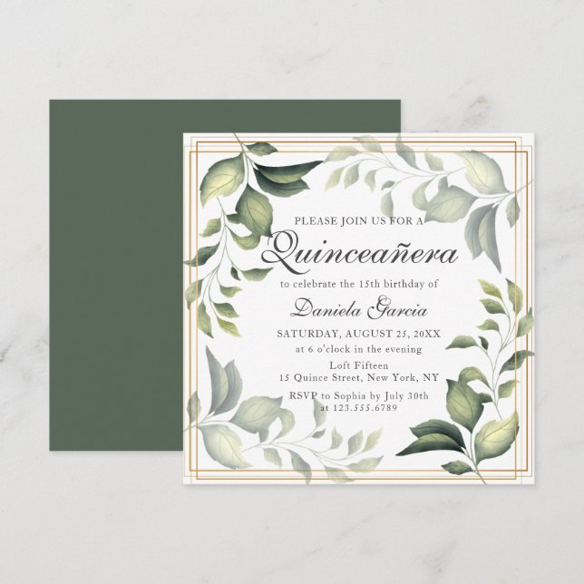 Chic Modern Floral Greenery Botanical Quiceanera Invitation (Front/Back)