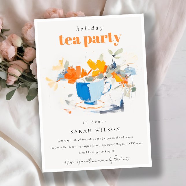 Chic Modern Floral Tea Cup Holiday Tea Party  Invitation (Creator Uploaded)