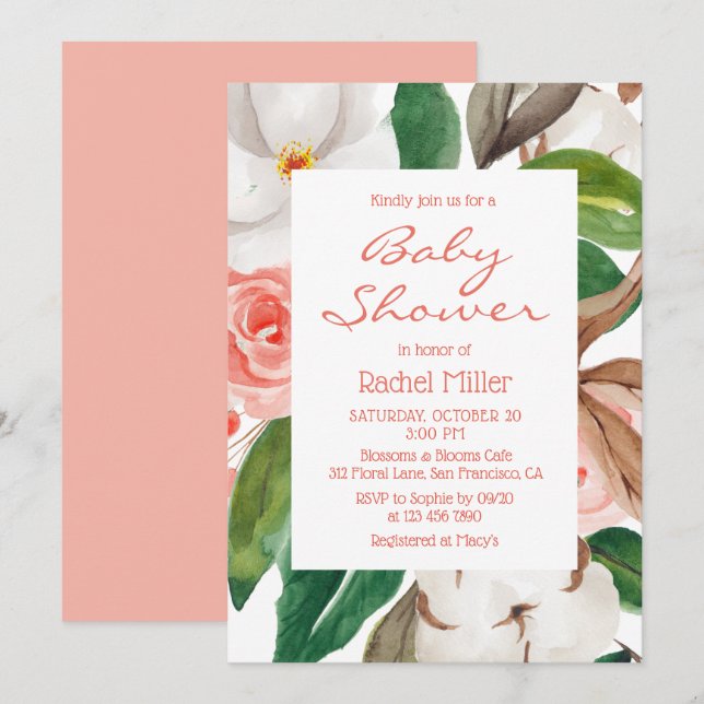 Chic Modern Floral Watercolor Girl Baby Shower Invitation (Front/Back)