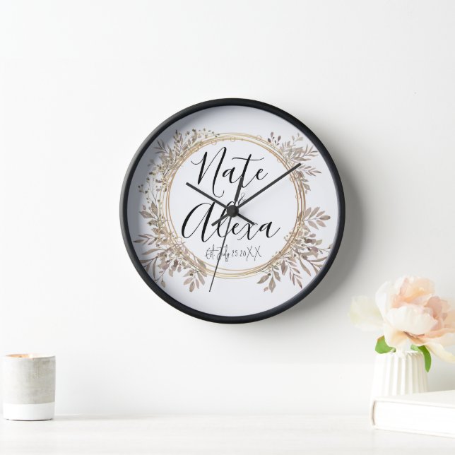 Chic Modern Floral Wreath Wedding Personalised Clock (Home)