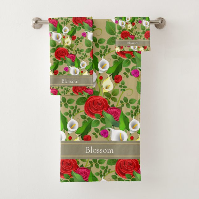Chic Modern Flowers and Script on Lucky Beige Bath Towel Set (Insitu)
