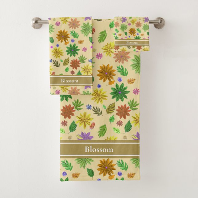 Chic Modern Flowers and Text on Champagne Beige Bath Towel Set (Insitu)