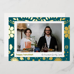 Chic Modern Folk Floral 1 Photo Happy Hanukkah Foil Holiday Card
