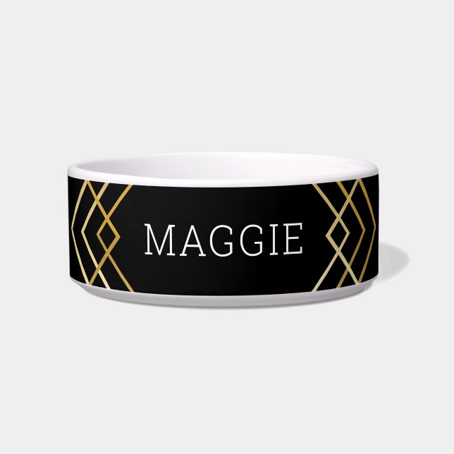 Chic Modern Geometric Art Deco Personalised Pet Bowl (Front)