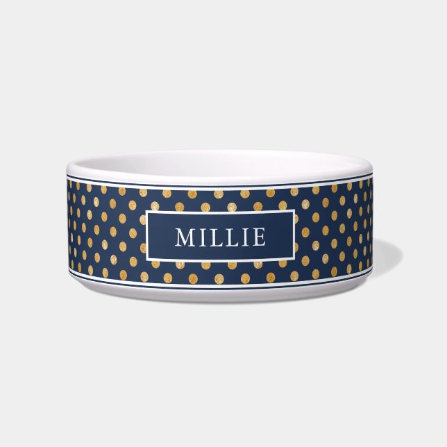 Chic Modern Geometric Navy Gold Dot Pattern Name Bowl (Front)