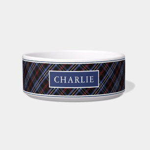 Chic Modern Geometric Navy Red Tartan Pattern Name Bowl