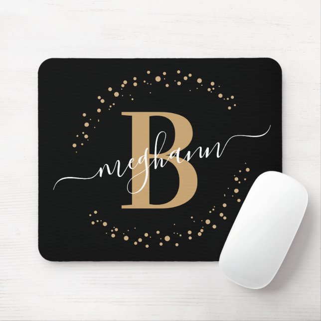 Chic Modern Girly Black Gold Name Script Monogram Mouse Mat (With Mouse)