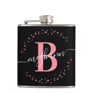 Chic Modern Girly Pink Black Name Script Monogram Hip Flask