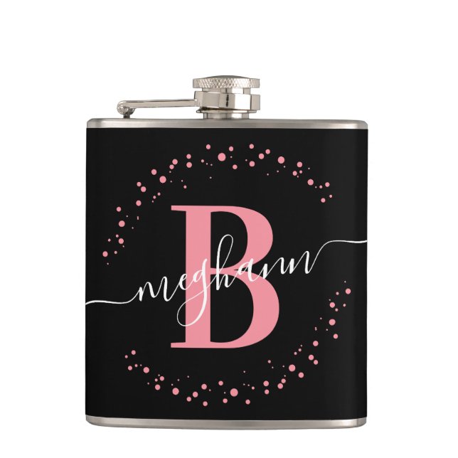 Chic Modern Girly Pink Black Name Script Monogram  Hip Flask (Front)