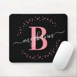 Chic Modern Girly Pink Black Name Script Monogram  Mouse Mat<br><div class="desc">Girly, modern, elegant, trendy, pink and black, white monogram initial name script custom personalised monogrammed mousepad. Featuring a monogram initial and a girly name script in a hand lettered calligraphy swash tail font and dotted circle frame around your monogram. Perfect feminine gift for girls, sister, mother, birthday, wedding, bridal shower,...</div>