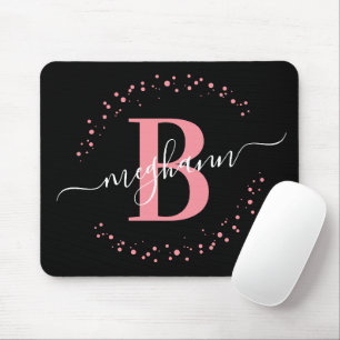 Chic Modern Girly Pink Black Name Script Monogram  Mouse Mat