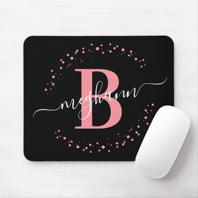 Chic Modern Girly Pink Black Name Script Monogram  Mouse Mat (With Mouse)